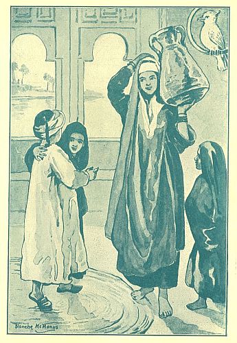 Woman holding jar on her shoudler  and three children