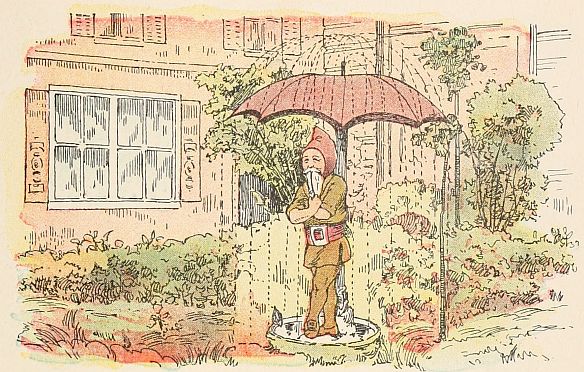 Statue of dwarf holding umbrella