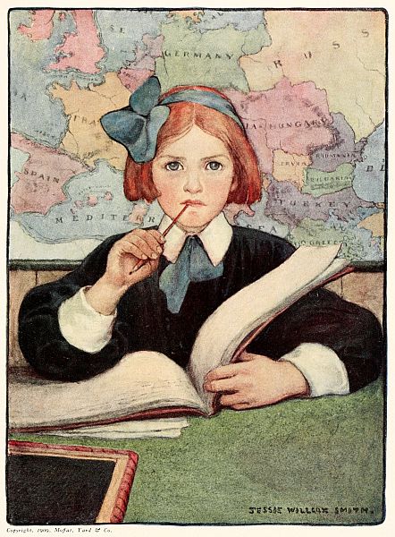girl thinking hard while reading large book with map behind her
