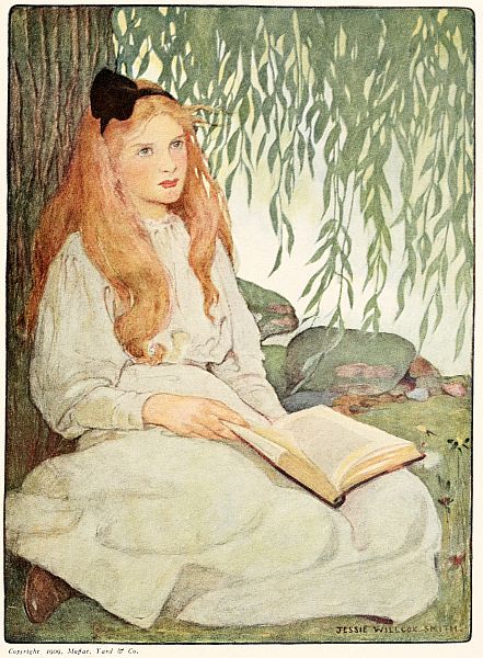 girl daydreaming under willow tree with book on lap
