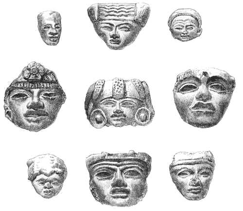 TERRA-COTTA MASKS AND HEADS FOUND AT TEOTIHUACAN.