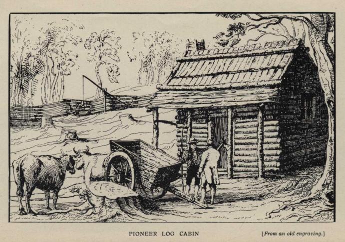 PIONEER LOG CABIN (*From an old engraving*.)