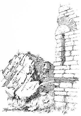Theodosian Wall.—A Broken Tower, outside.  Many a broken tower shows on the outside some mark or inscription dating back to the distant days of the glory of old Byzantium.