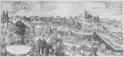 Section I.  View of Prague during the Reign of Rudolph II. (In 3 Sections).  After Sadeler’s Famous Engraving,  The Inscription on it states that in 1606, Ag. Sadeler, Engraver to His Sacred Majesty, dedicated it to the noble, most worthy, and most prudent Primators, Consuls and Senators of the Metropolitan Threefold Town of Prague.