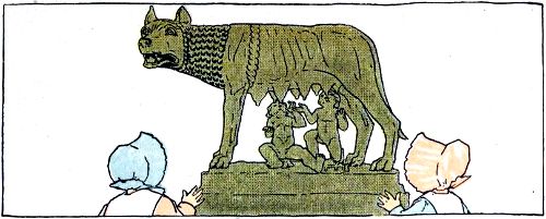 Girls looking at sculpture of Romulus and Remus feeding