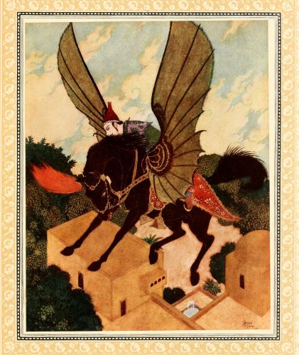 man on flying black horse