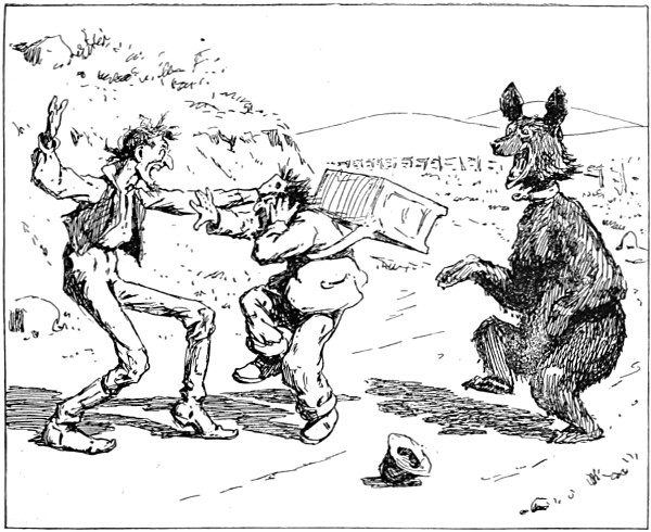 the horseman is punching the man; the bear laughs