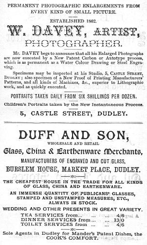 Adverts for W. Davey (Photographer), Duff and Son (Glass, China and Earthenware Merchants)