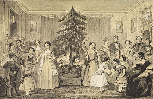 large family gathered around a decorated  tree