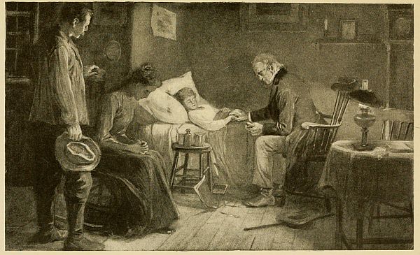 woman in bed with one man holding her hand , another standing by, and a woman seated on a chair beside her
