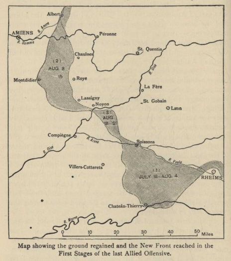 Map showing the ground regained and the New Front reached in the First Stages of the last Allied Offensive.