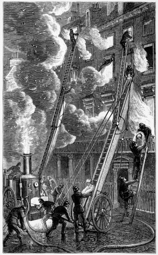 FIRE-ESCAPE AND STEAM FIRE-ENGINE IN ACTION  (From a drawing supplied by the Royal Society for the Protection of Life from Fire)