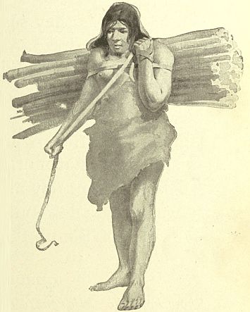 cave person with bundle of wood on back