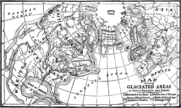 MAP showing GLACIATED AREAS in North America and Europe.