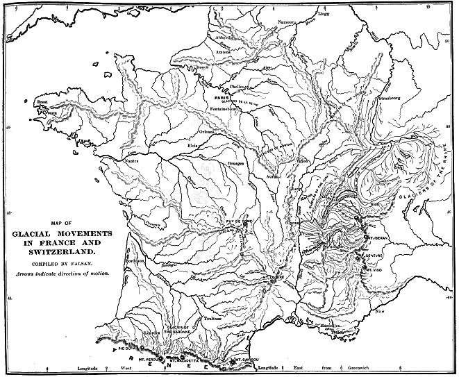 MAP OF GLACIAL MOVEMENTS IN FRANCE AND SWITZERLAND.