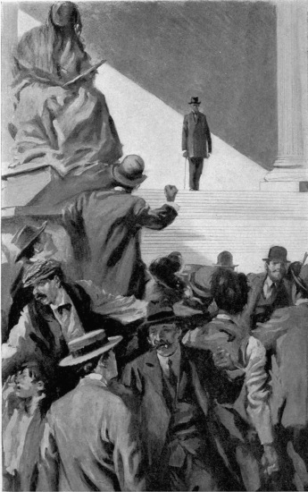 AFTER ONE LOOK HE ASSUMED SOME SHOW OF HIS OLD COMMANDING PRESENCE AND ADVANCED BRAVELY DOWN THE STEPS.