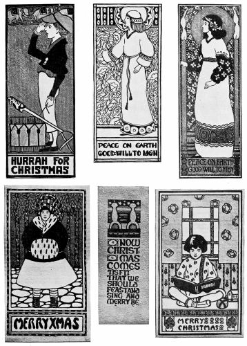 Plate 10  Cards using figures of the poster type. In these the accent has been placed on the decorative design quality. If properly done, such a problem gives the student fine training in spacing, balance and rhythm, and results in a highly artistic card.