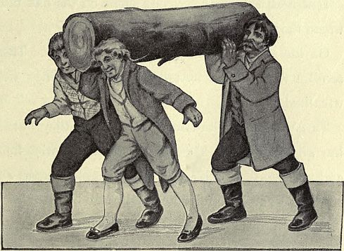 three men carrying log