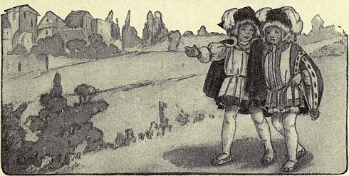 two boys, wearing plumed hats, walking in country side