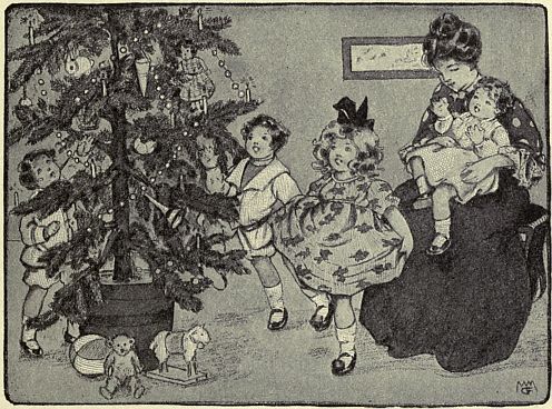 mother and children around the Christmas tree
