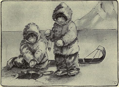 two children ice fishing