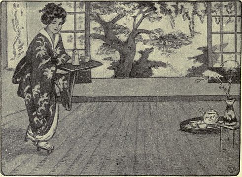 woman in kimono carrying tea set iinto room