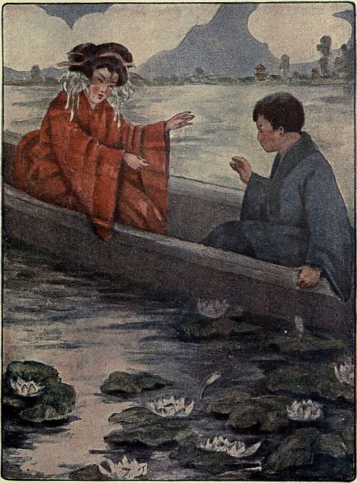 Woman and boy in boat surrounded by lilies