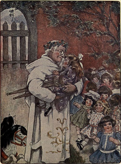 Man in white robe iwth laurel crown carrying lame girl amongst children