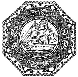 decorative emblem with tall sailing ship