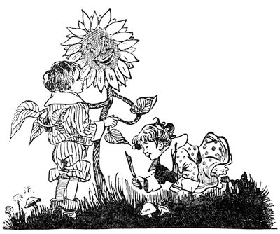 The boys with a cartoon sunflower
