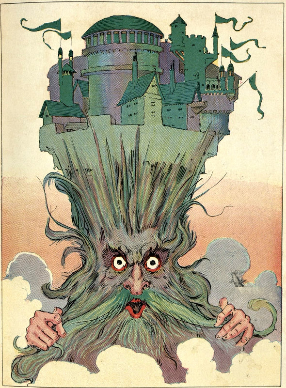 The royal palace of Oz impaled fast on the spikes of Ruggedo’s giant head