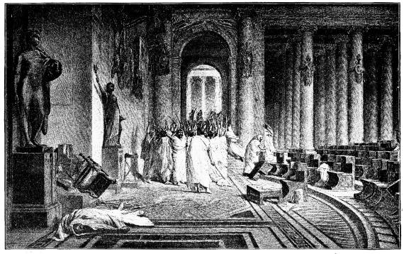 Image unavailable: BRUTUS AND HIS ASSOCIATES LEAVING THE SENATE CHAMBER AFTER THE STABBING OF CAESAR.  “Battles five hundred he fought, and a thousand cities he conquered; Finally he was stabbed by his friend, the orator, Brutus!”  