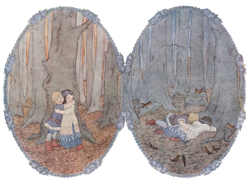 Boy and girl are scared in the wood, then lying in the wood.