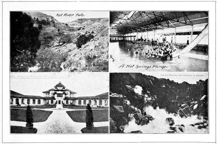 _Fall River Falls_— _A Hot Springs Plunge_— 3236. Administration Building: Battle Mountain Sanitarium. The National Home Disabled Volunteer Soldiers Hot Springs, S. D. _THE BIG SPRINGS, HOT SPRINGS, S. DAKOTA_