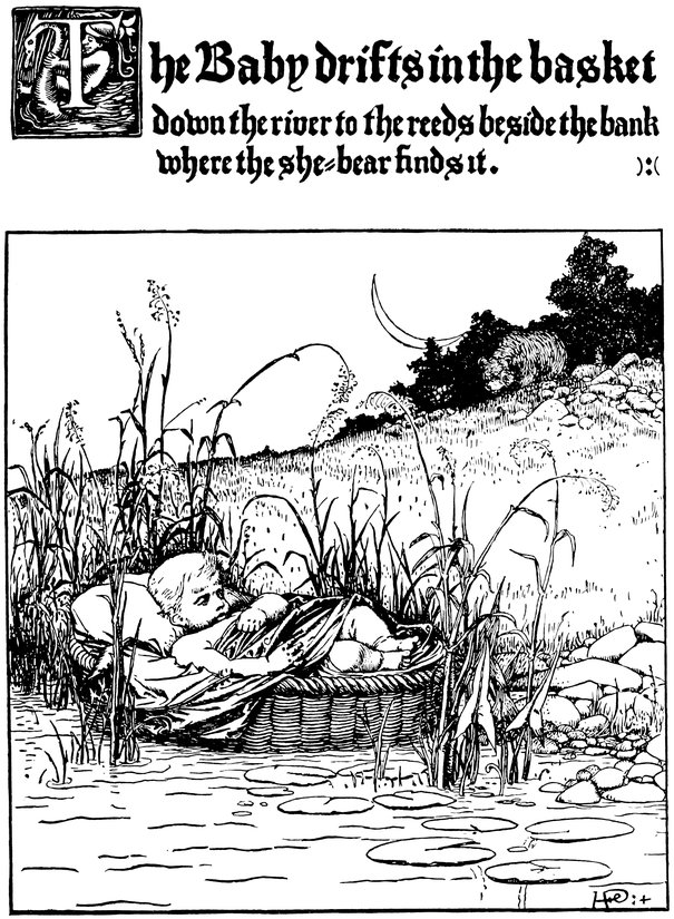 The Baby drifts in the basket down the river to the reeds beside the bank where the she-bear finds it. ):(