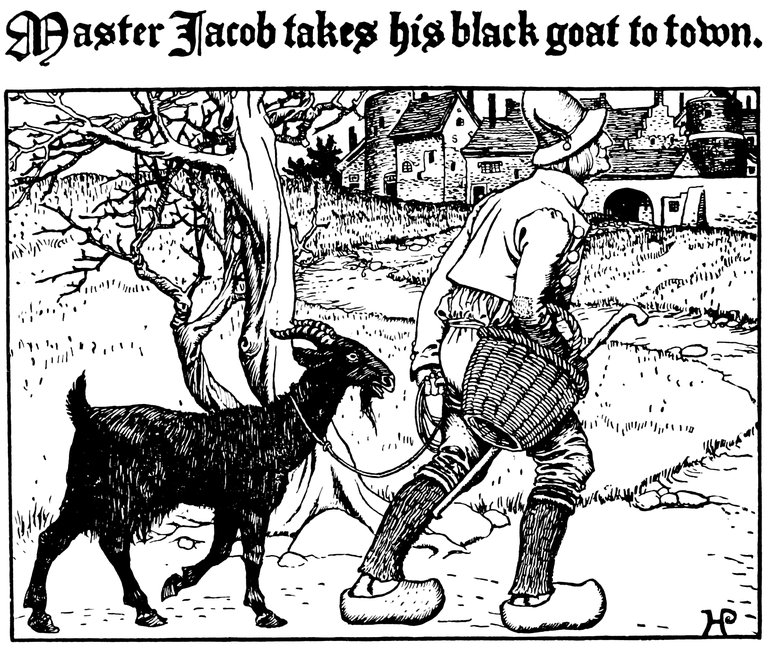 Master Jacob takes his black goat to town.