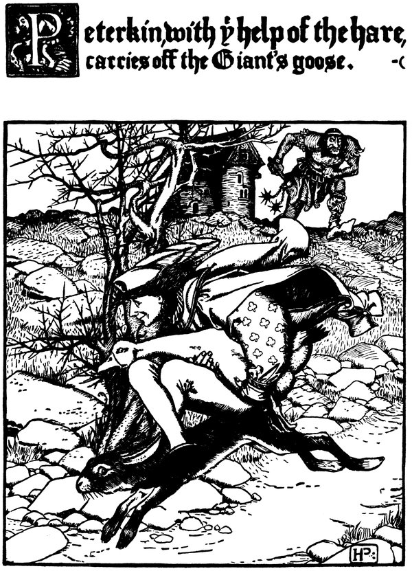 Peterkin, with ye help of the hare, carries off the Giant’s goose. —(