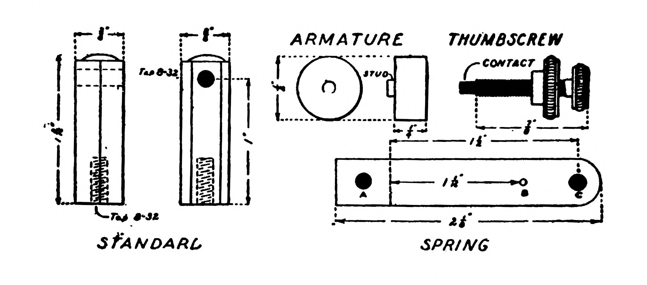 FIG. 115.—Details of the Interrupter. The Spring and Standard for the One inch coil should be made one-quarter of an inch longer.