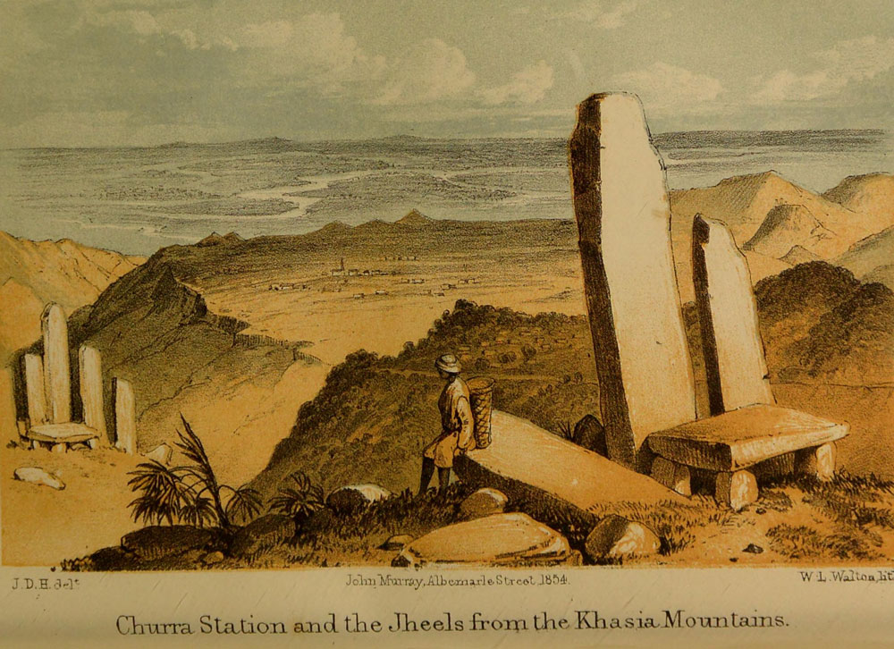 The table-land and station of Churra, with the jheels, course of the Soormah River, and Tipperah Hills in the extreme distance, looking south.