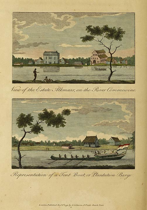 View of the Estate Alkmaar, on the River Commewine.   Representation of a Tent Boat, or Plantation Barge.