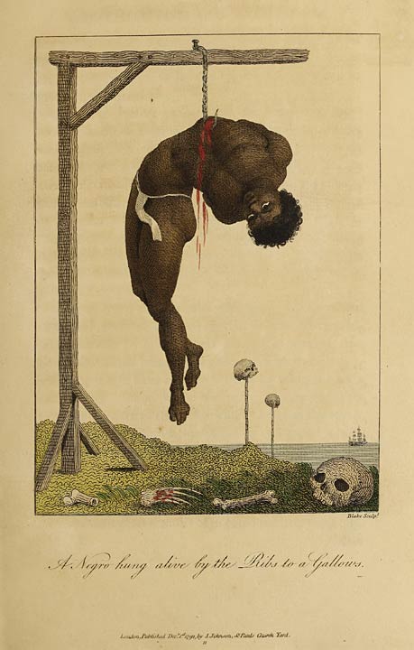A Negro hung alive by the Ribs to a Gallows.