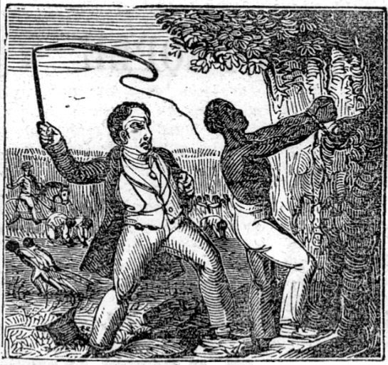 Man in suit whipping enslaved person chained to a tree