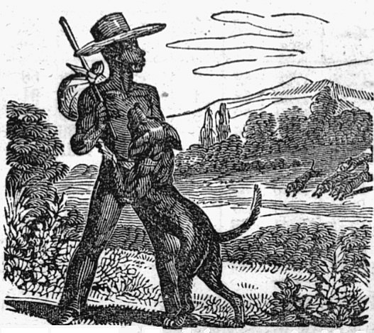 Fugitive slave with hat, bag and dog
