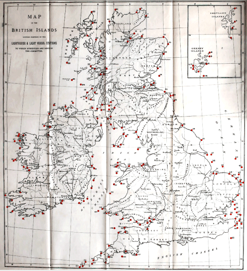 Map of the British Islands Showing Position of the Lighthouse & Light Vessel Stations to Which Schedules Are Sent by the Committee.