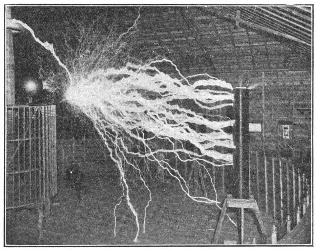 FIG. 156.—Twenty-five foot sparks from a Tesla transformer.