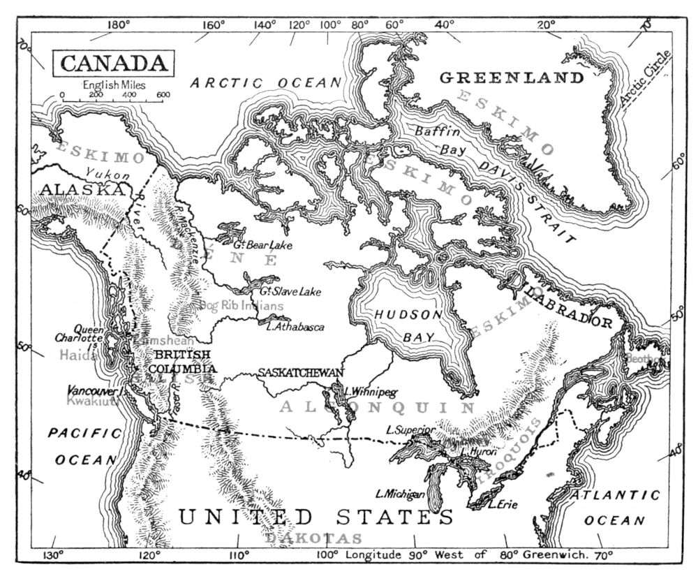 Map of the northern U.S. and Canada with names of native tribes