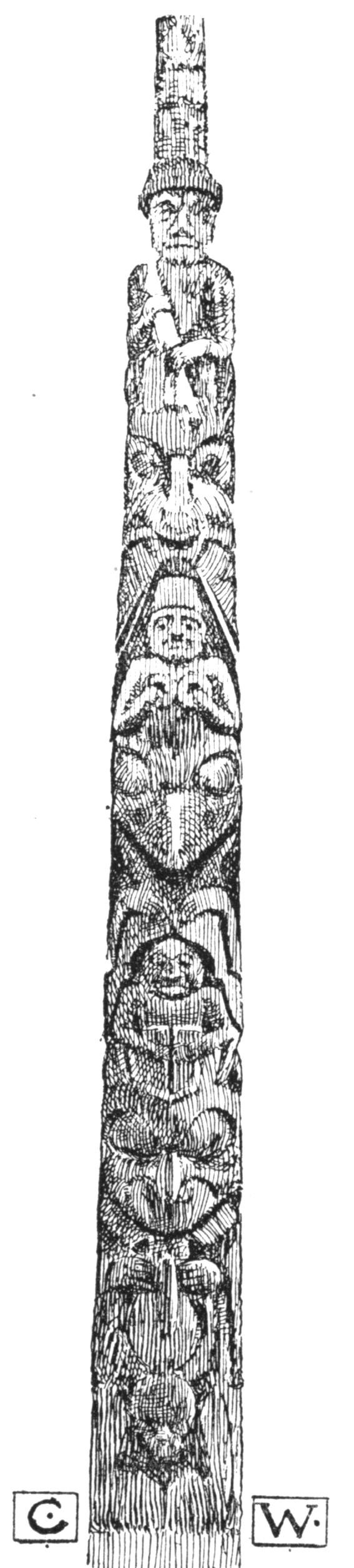 Totem Pole, 38 ft. high, Haida, Qn. Charlotte Is. (now in Brit. Mus.).