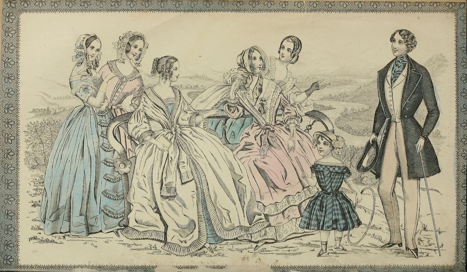 Five ladies, a gentleman and a child dressed in latest fashions