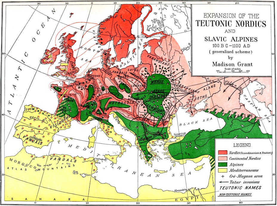 EXPANSION OF THE TEUTONIC NORDICS AND SLAVIC ALPINES 100 BC–1100 AD (generalized scheme) by Madison Grant