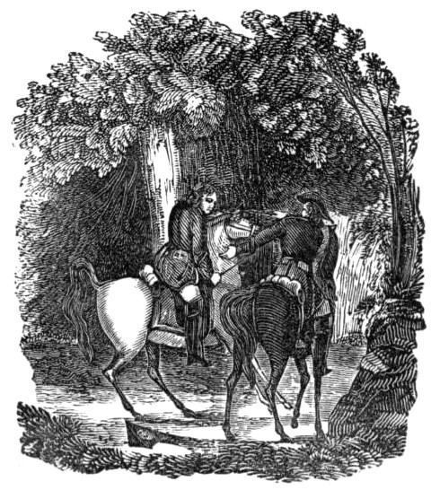 two men on horseback in the woods